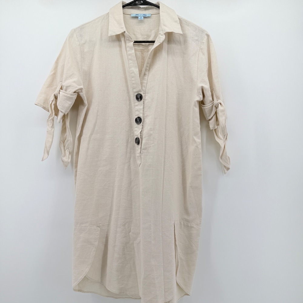 She + Sky Beige Linen Blend Tie Sleeve Button Front Mini Shirt Dress SL9512 S